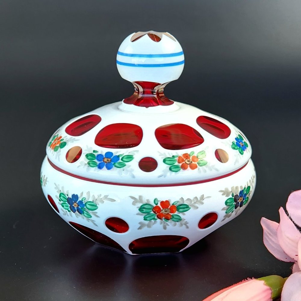 Antique/Vintage Stunning - Cranberry & White Czech Glass Trinket/Jewelry Dish -